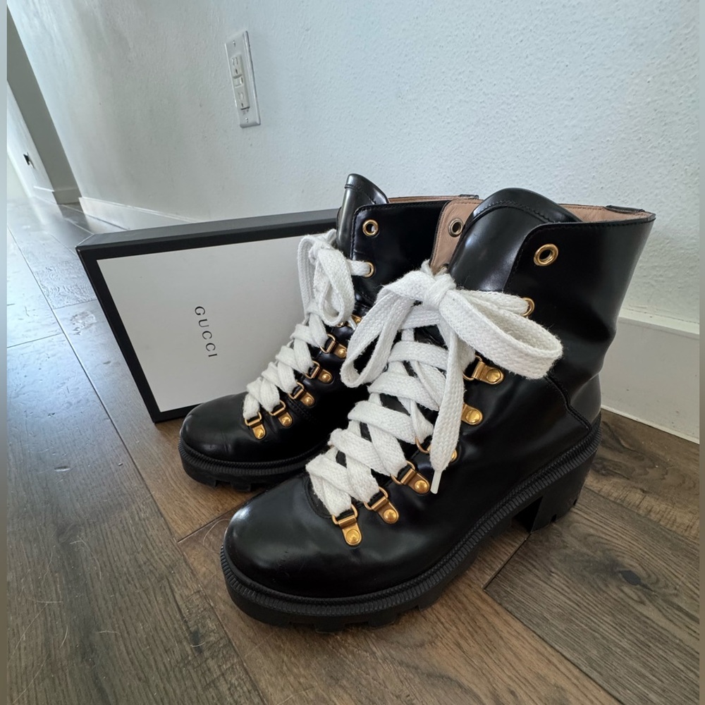 Authentic Black Gucci Combat Boots with Gold Accents 37.5